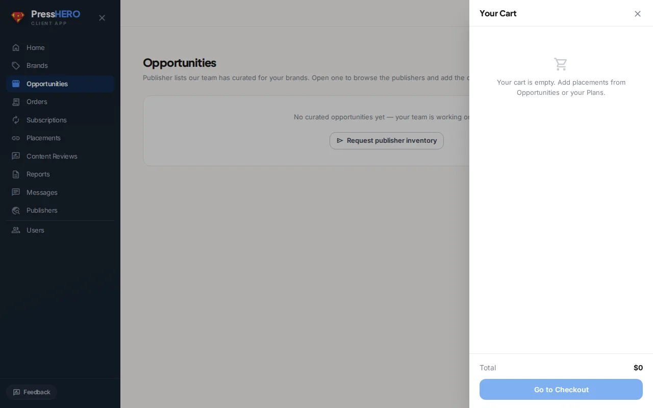 Volet panier ouvert affichant les opportunités sélectionnées avec un récapitulatif du total
