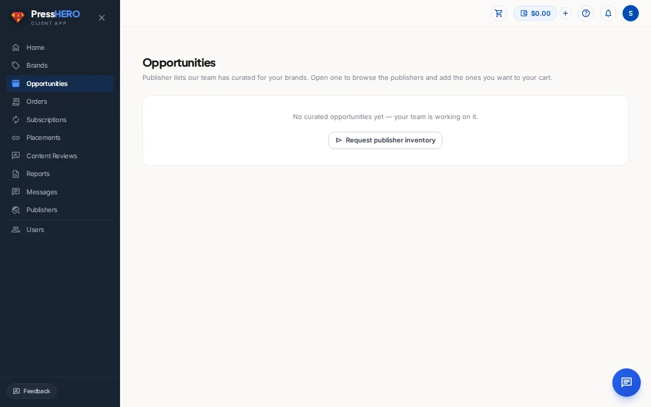 Page Opportunités listant des éditeurs sélectionnés avec types de liens et tarifs