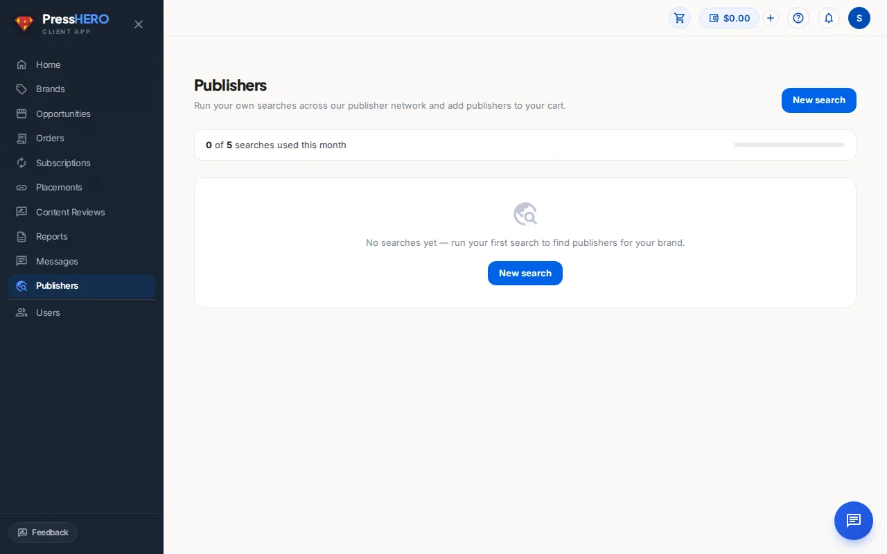 La pagina Editori con il pulsante Nuova ricerca e la quota mensile di ricerche